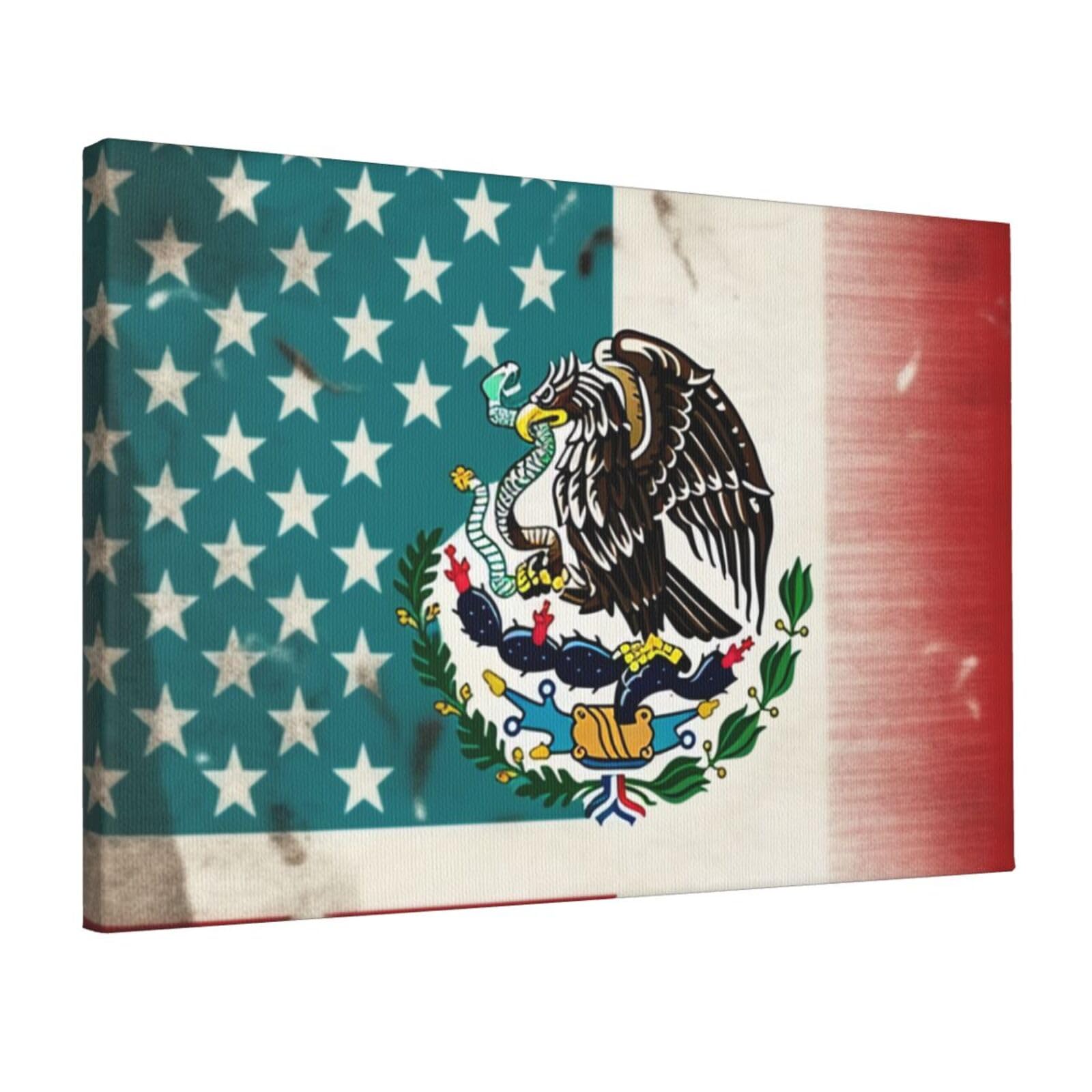YKLJG Mexican American Flag Printed Wall Art Canvas Prints 45x30 CM Wooden Framed Picture Painting Artwork for Bedroom Kitchen Home Office Decor