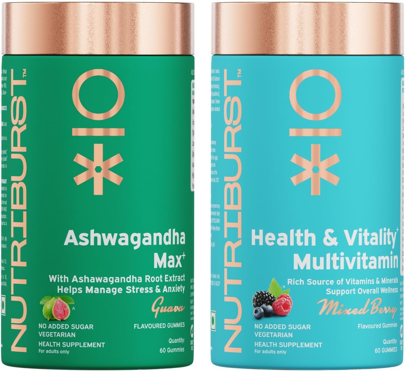 Nutriburst Daily Vitality Combo: Multivitamin Gummies for Complete Nutrition + Ashwagandha Gummies for Mind Relax & Energy Boost | Supports Wellness, Immunity & Balance | No Added Sugar (Pack of 2X60)