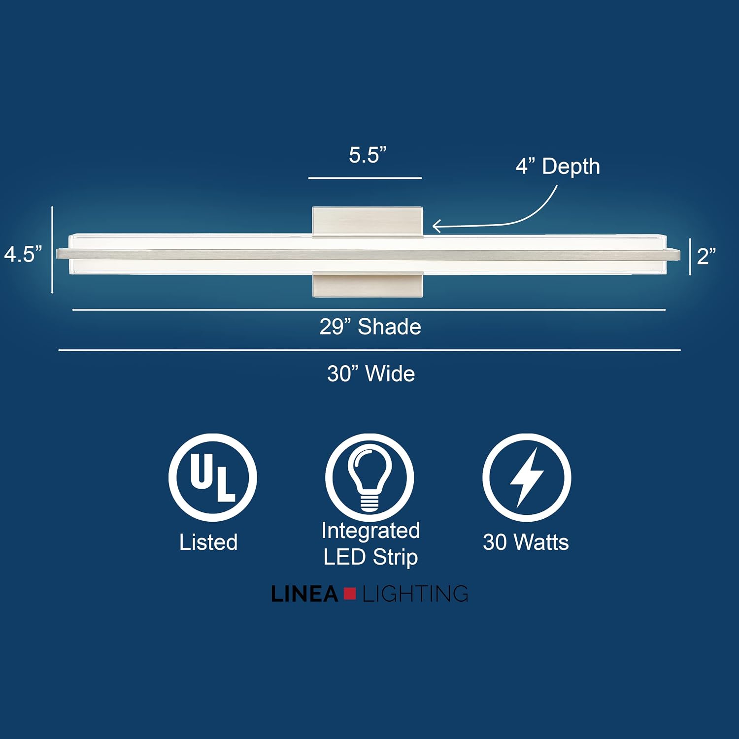 Linea di Liara Dario 30 Inch LED Vanity Light Bar Bathroom Sink Led Light Brushed Nickel Modern Bathroom Wall Lighting Fixtures, White Frosted Glass Shade, UL Listed