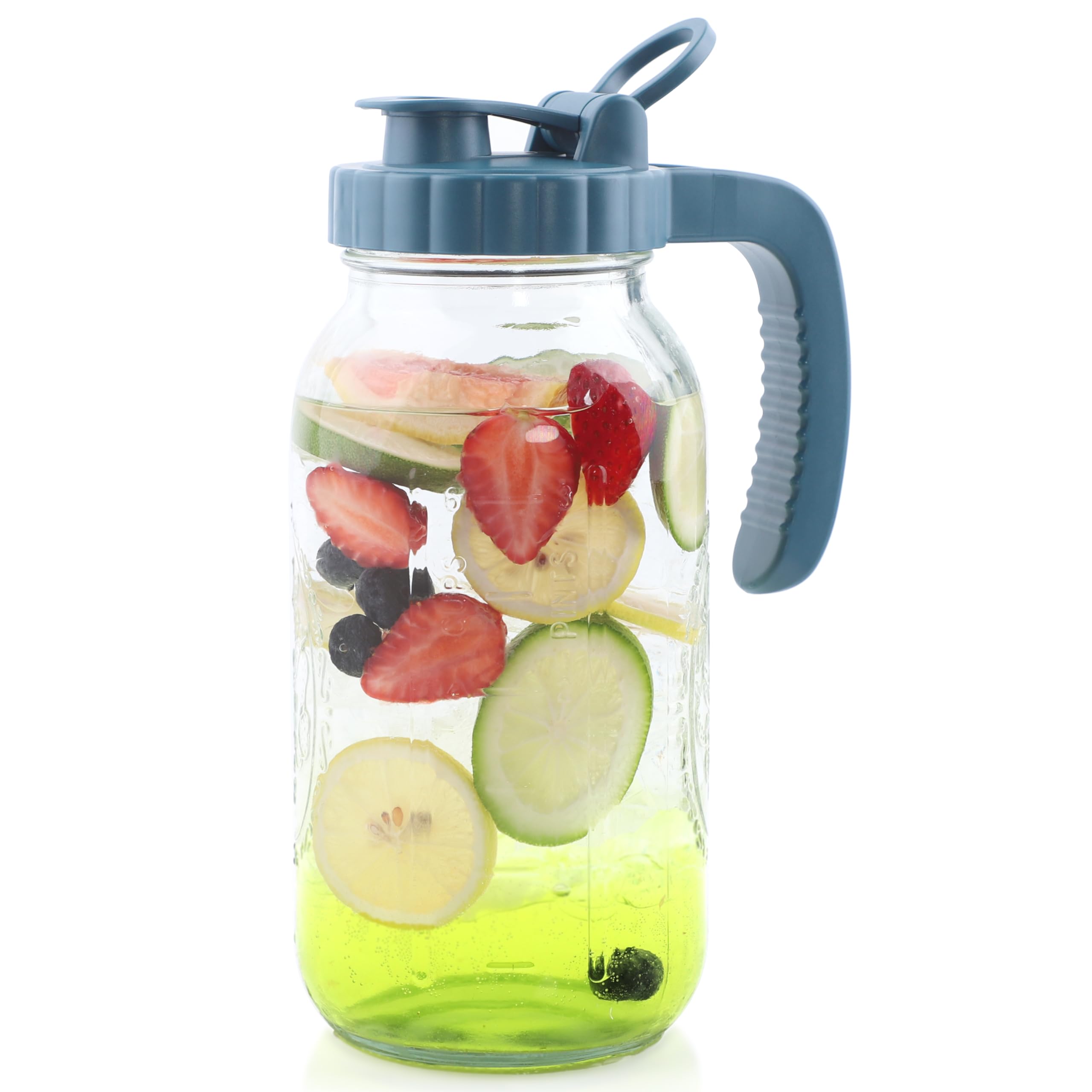 Photo 1 of Mason Jar Pitcher 2 Quart With Pour Spout Lids 64 OZ Wide Mouth Water Pitcher Airtight And Leakproof Glass Carafe With Handle And Flip Cap For Milk, Iced Tea, Cold Brew Coffee, Juice, Infused Water