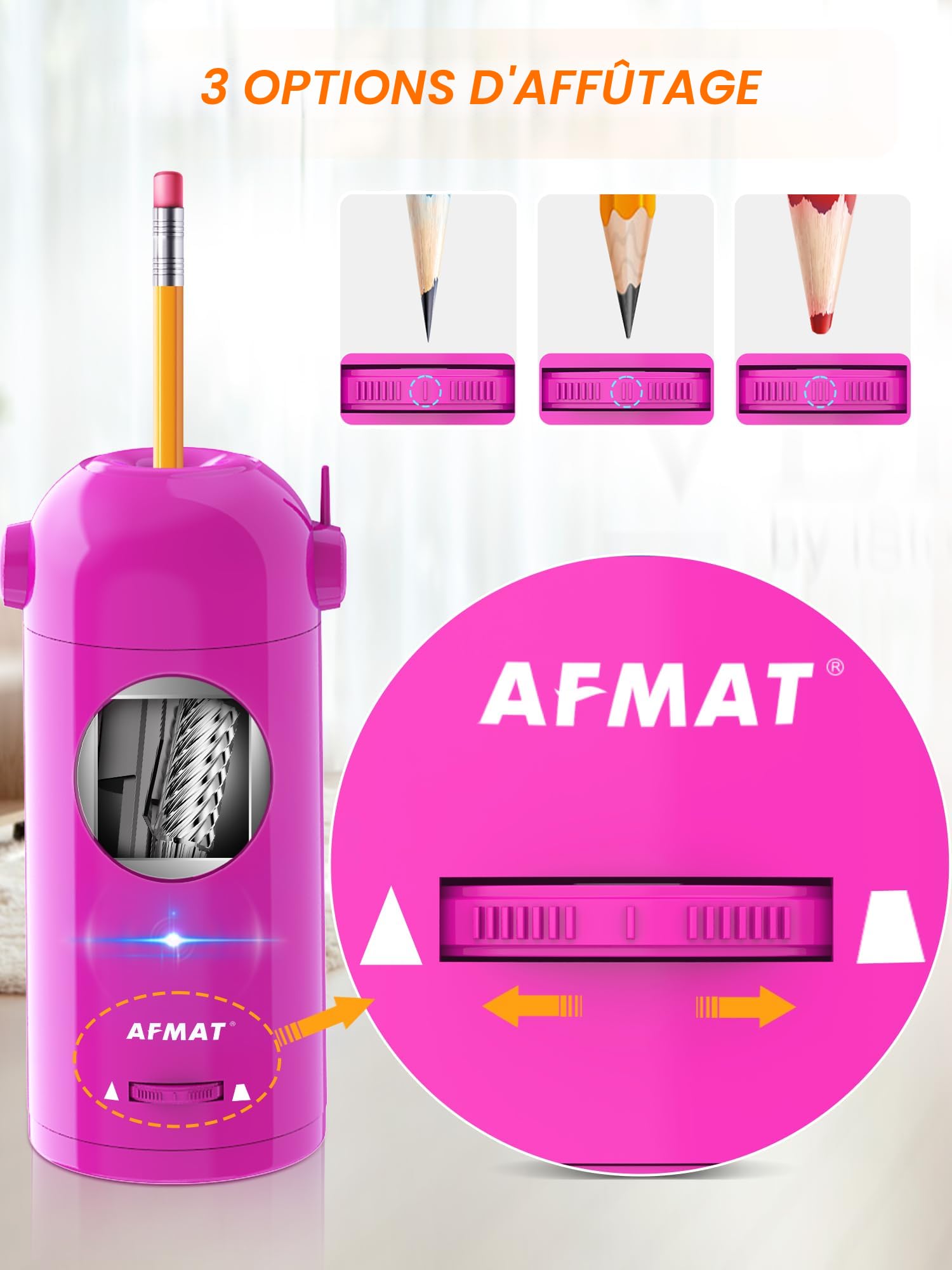 AFMAT Taille-crayon électrique Rechargeable – 6 Trous Pour Crayons 6 à 11 Mm – Arrêt Automatique – Usage Maison école