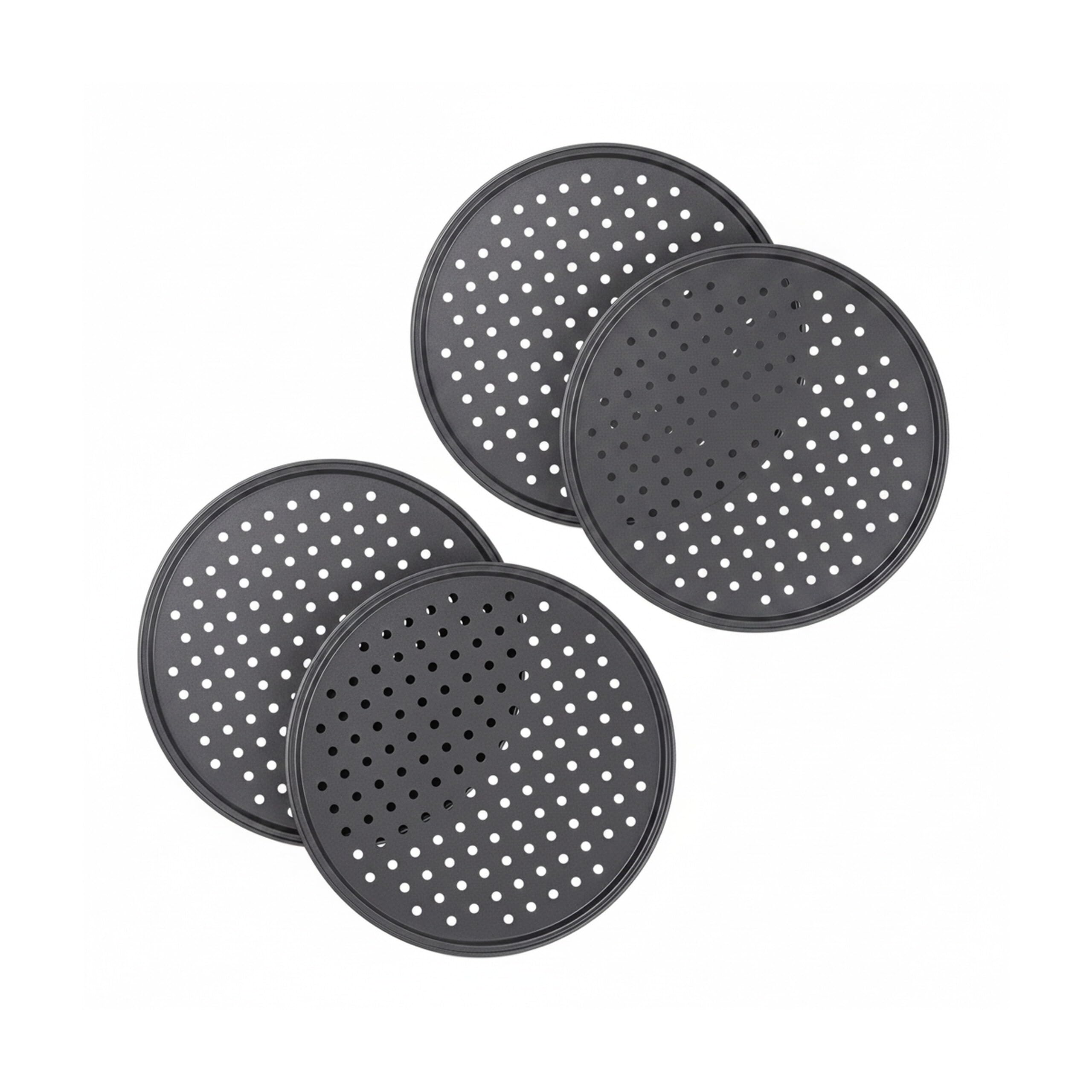Relaxdays Plaque pizza, lot de 4, ronde, perforée, antiadhésive, tartes flambées, en acier, moule, ∅ 32 cm, anthracite