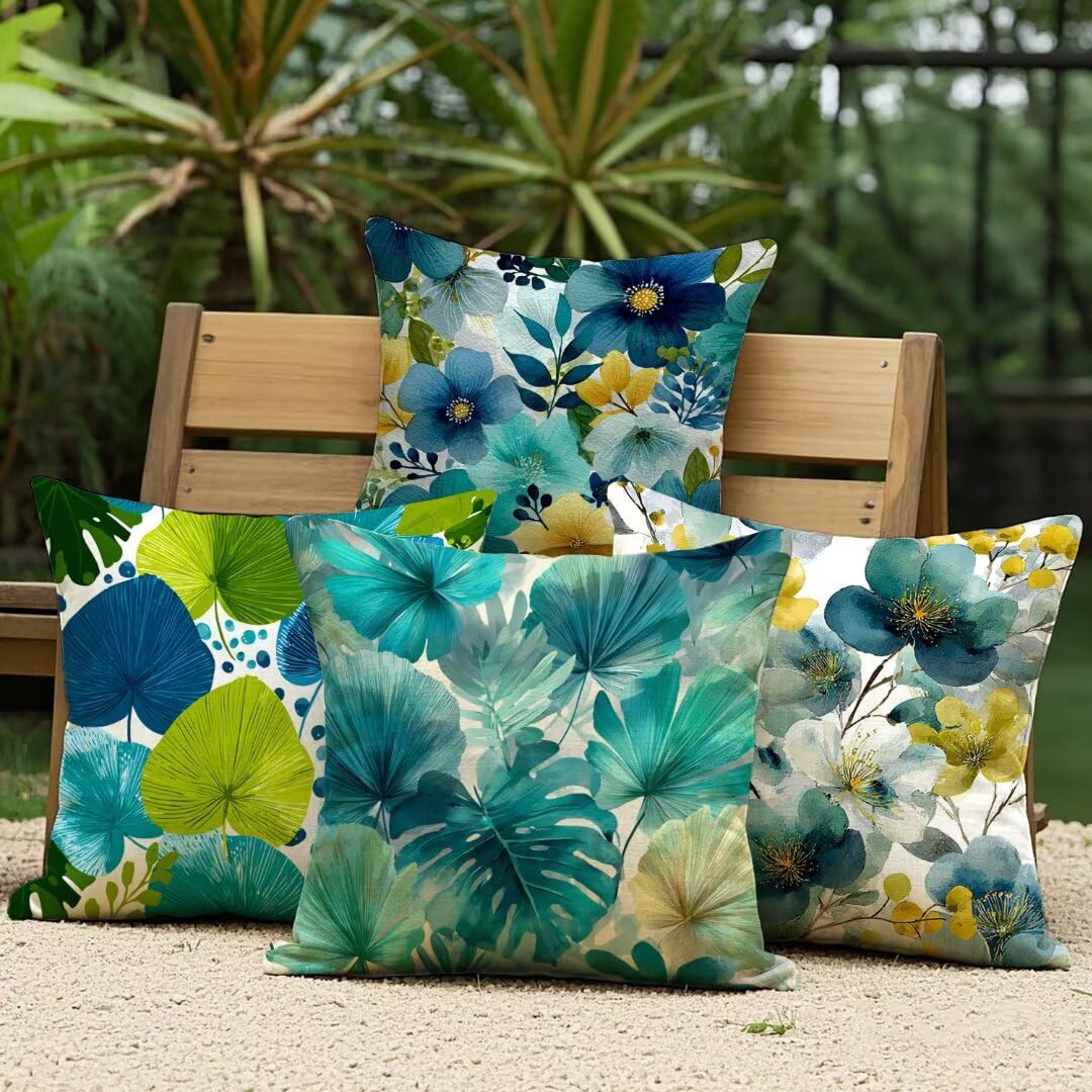 Taie d'oreiller 35x35cm lin vert motif aquarelle décoration haut de gamme