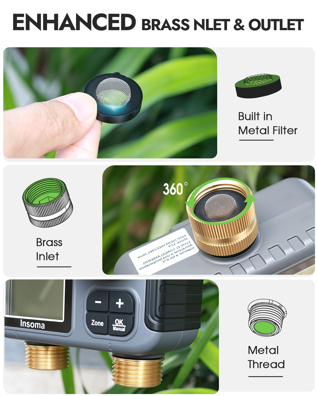 Insoma Timer irrigatore a 2 zone con ingresso e uscita in ottone, timer dell'acqua per tubo da giardino con modalità auto/manuale/ritardo pioggia, grande display LCD, timer per tubo flessibile di