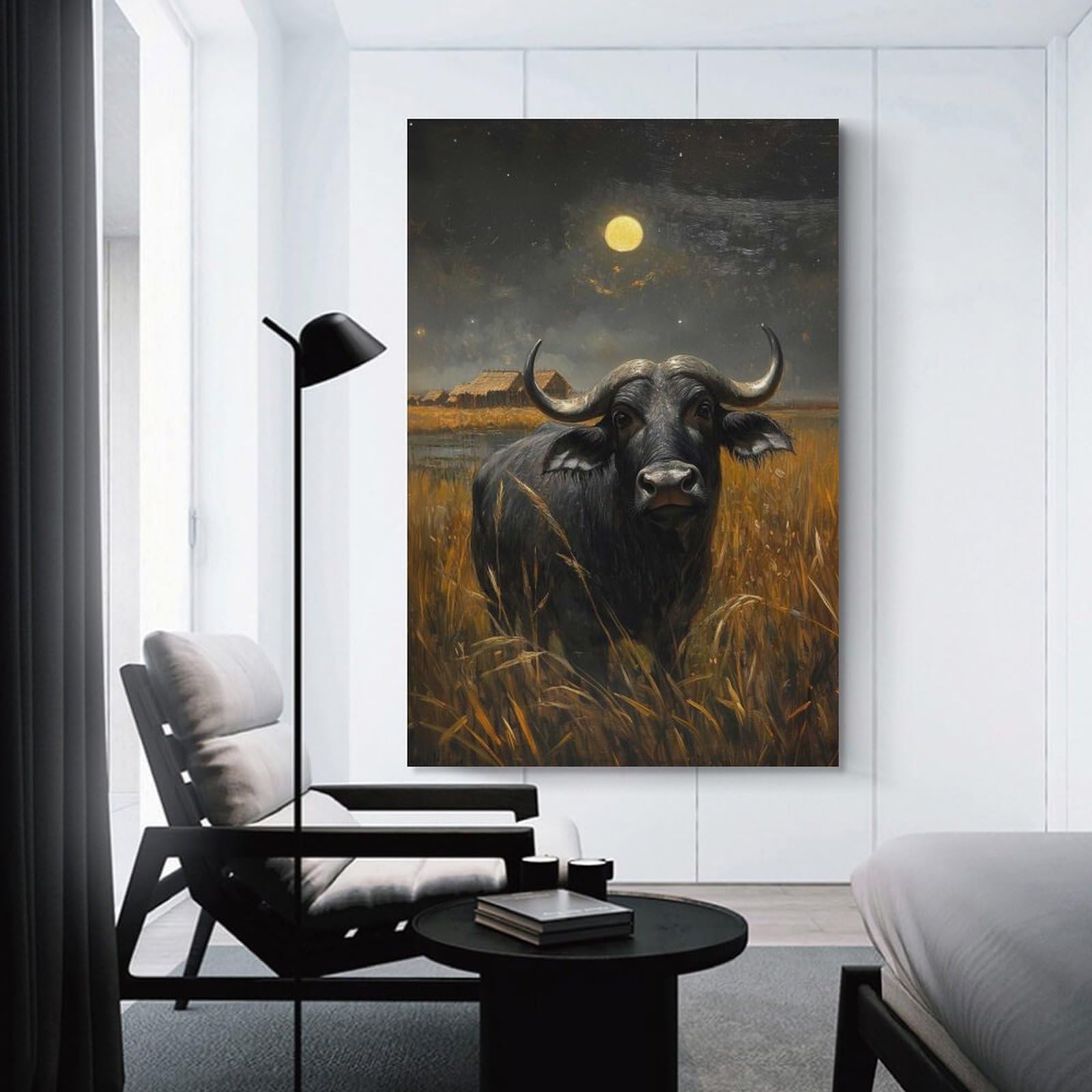 Junmoney African Buffalo Under Moonlight Decorative Wall Artwork, 16x24inch(40x60cm), for Work Areas, Reading Rooms Or Studios, Wall Art That Adds Style to Work Areas