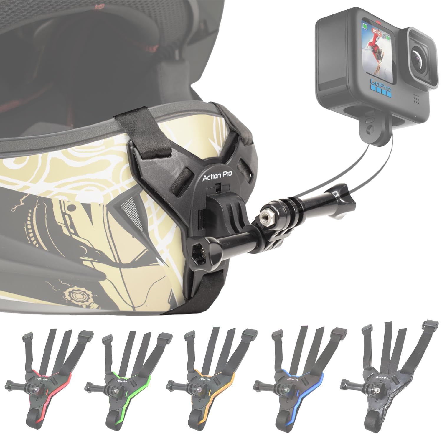 Action Pro™ Motorcycle Helmet Chin Strap Mount Compatible with GoPro Hero 12, 11, 10, 9, 8, 7, (2018), 6, Hero Black, DJI Osmo Action 3/2, Insta 360, Session, Xiaomi Yi, SJCAM (Black)