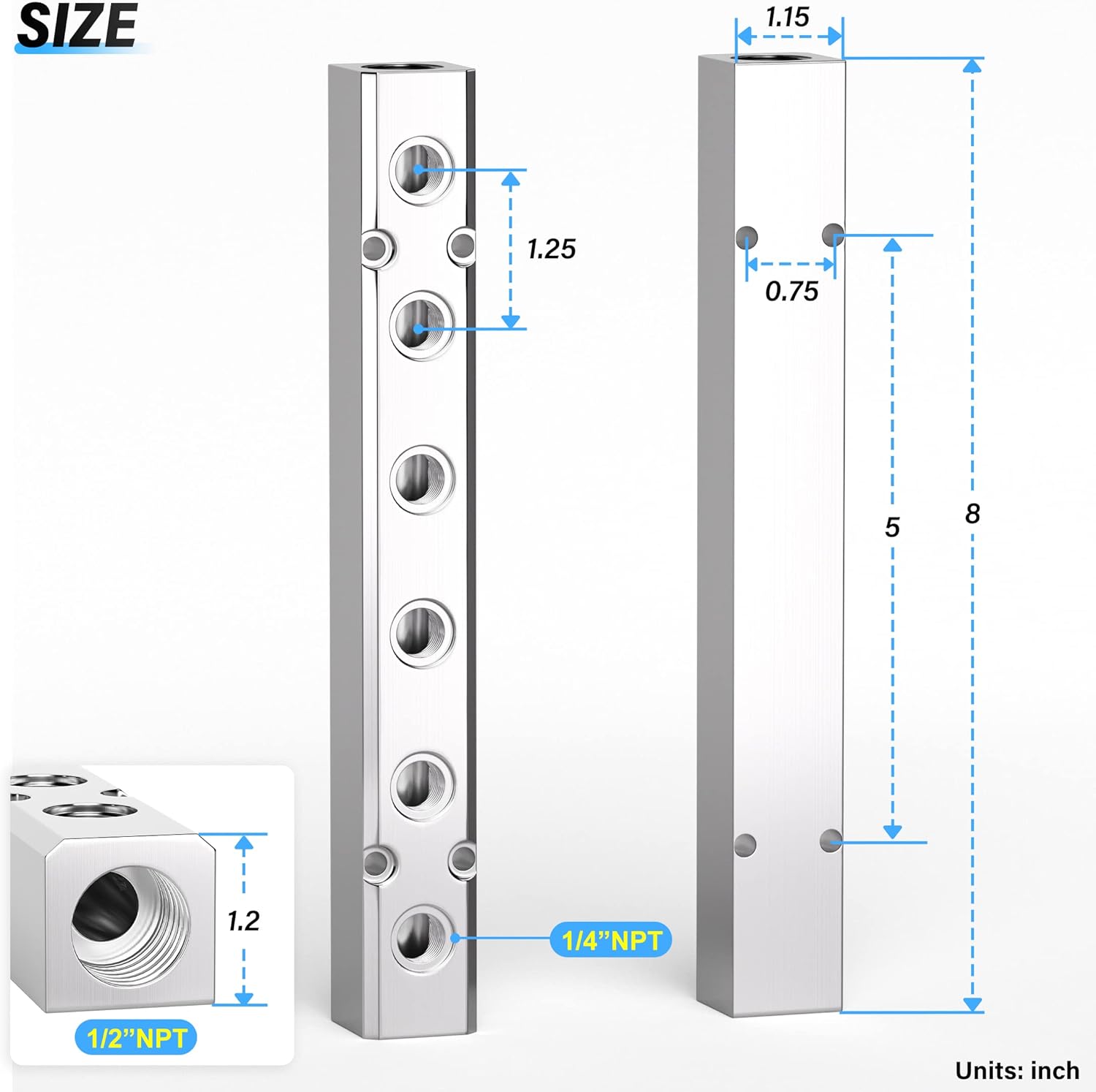 TAILONZ PNEUMATIC Silver 6 Way Pneumatic Shunt Aluminum Block Pneumatic Manifold Air Distribution Block Air path exhaust air source distributor,Compressed Air Manifold Pneumatic Block,air divider
