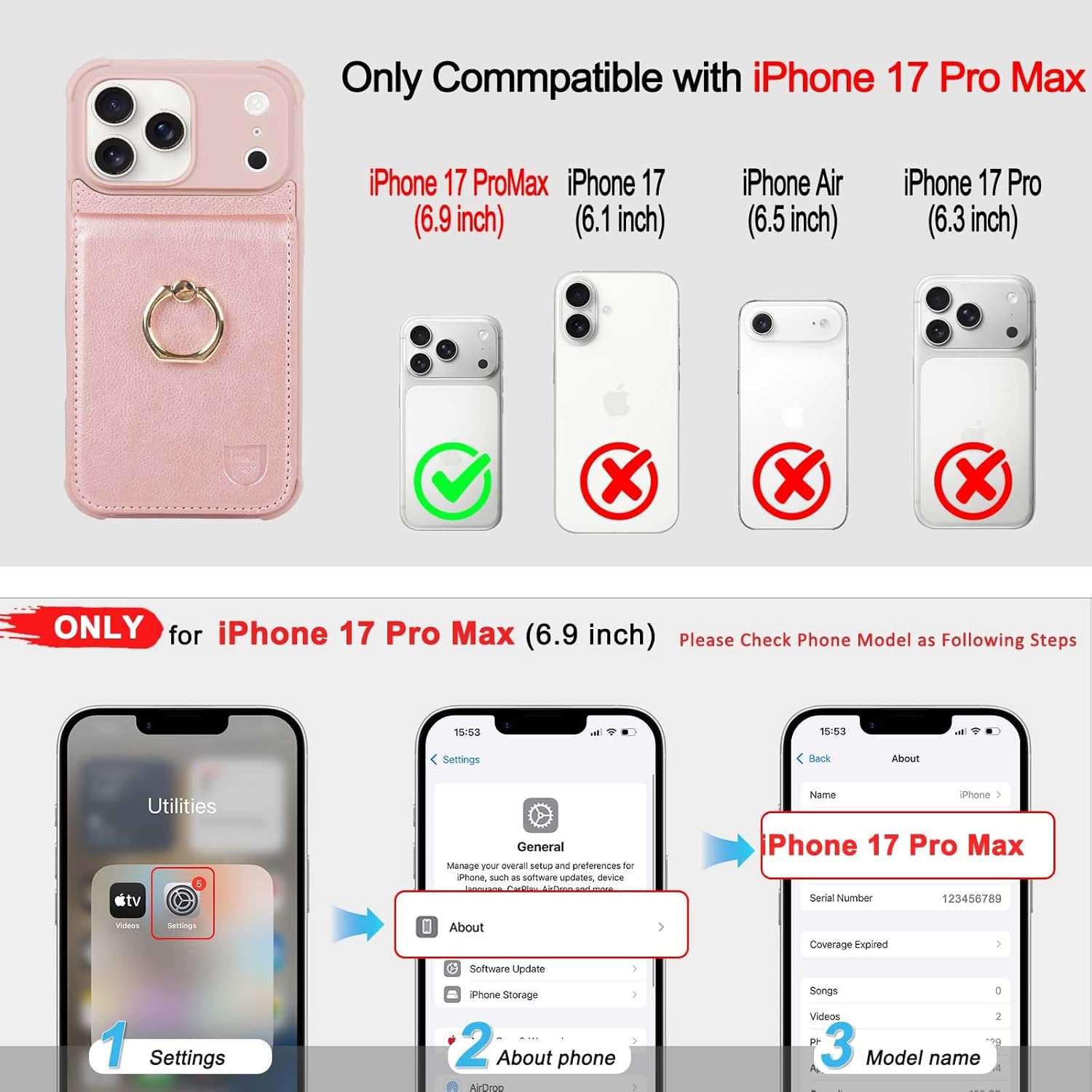 VANAVAGY Compatible for iPhone 17 Pro Max Wallet Case with RFID Blocking Card Holder, [Screen Protector] PU Leather Shockproof Case Magnetic Clasp Ring Kickstand Flip Cover for Women Men,Rosegold - Image 2