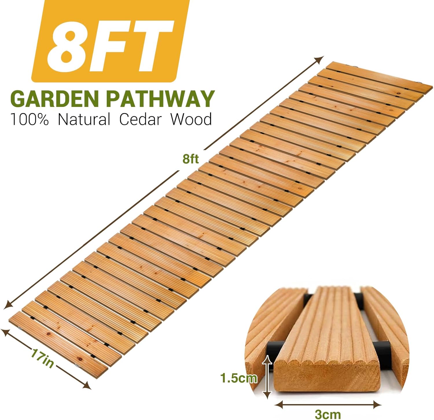 8FT Straight Garden Pathway Walkway, Outdoor Roll Out Non-Slip Weather Resistant Wooden Walkway with Wire Rope Connection for Backyard, Beach, Wedding Party Pathways (8 FT)
