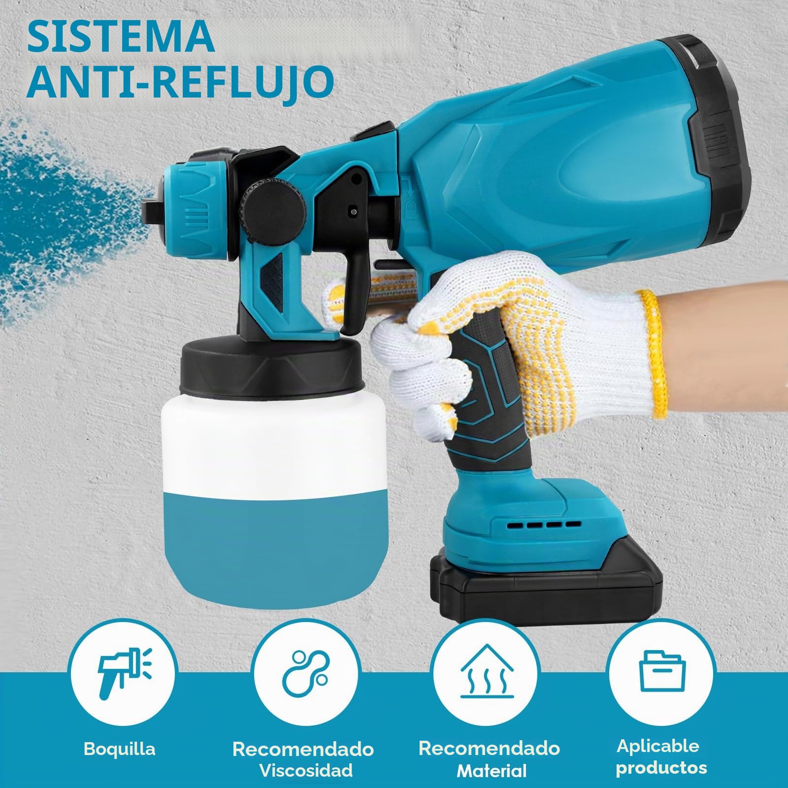 Towwoo Sistema de pulverización de Pintura 2 x 3000 mAh Batería y Cargador, 3 boquillas, Recipiente de Pintura de 800 ml, 3 Patrones de pulverización, para Paredes, Techos, Vallas