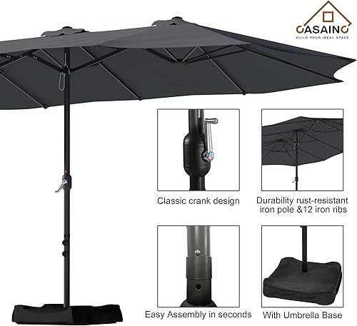 Miniatura 4 de CASAINC Sombrilla de patio de 15 pies con base de doble cara para exteriores, sombrilla rectangular doble con manivela, para jardín, terraza,