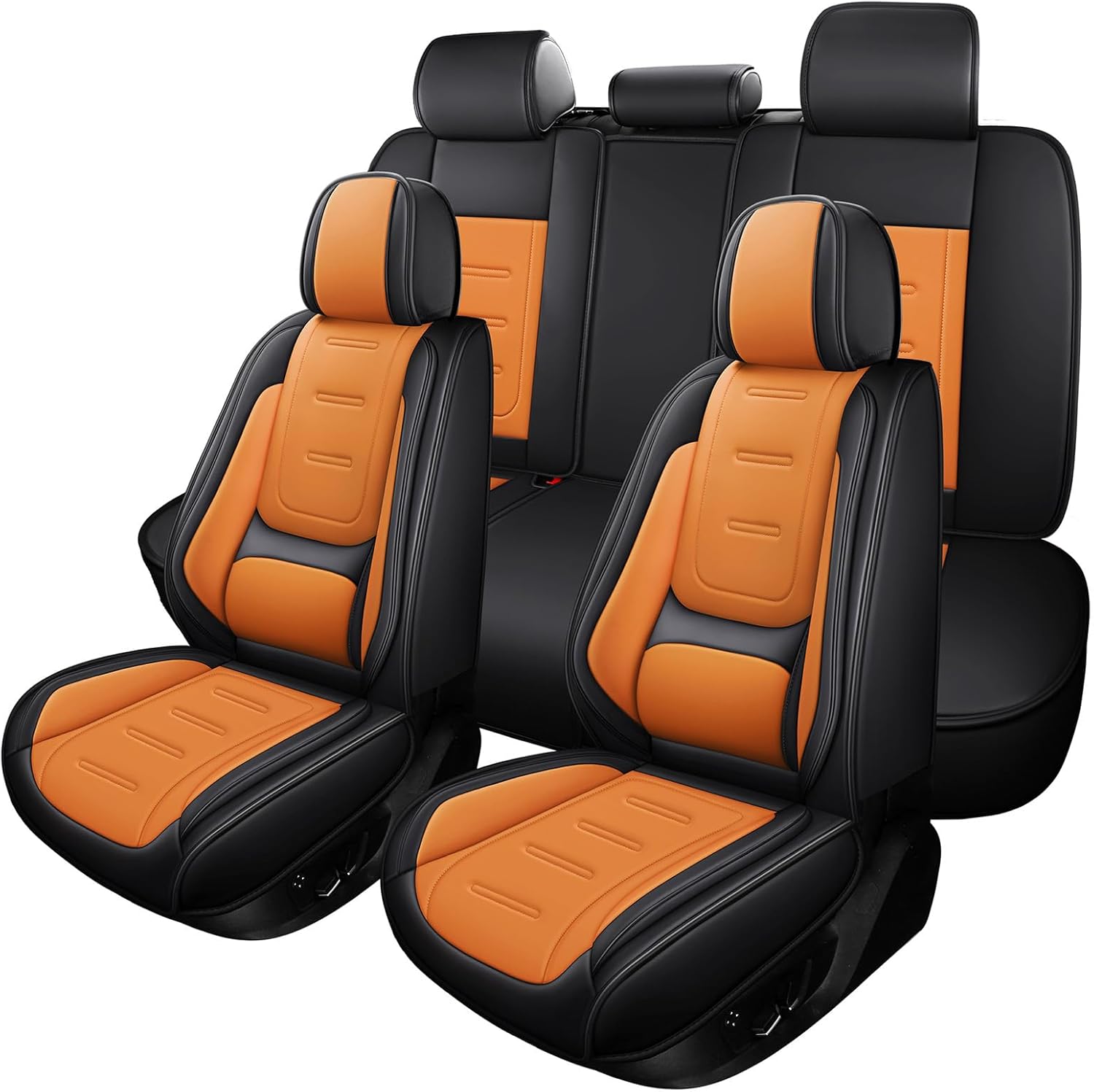 otoez Nappa Leather Car Seat Covers Full Set, Breathable Leather Automotive Seat Covers Front & Rear Seat Protectors with Lumbar Support, Universal Fit for Most Cars SUV Truck Sedan(Black+Orange)
