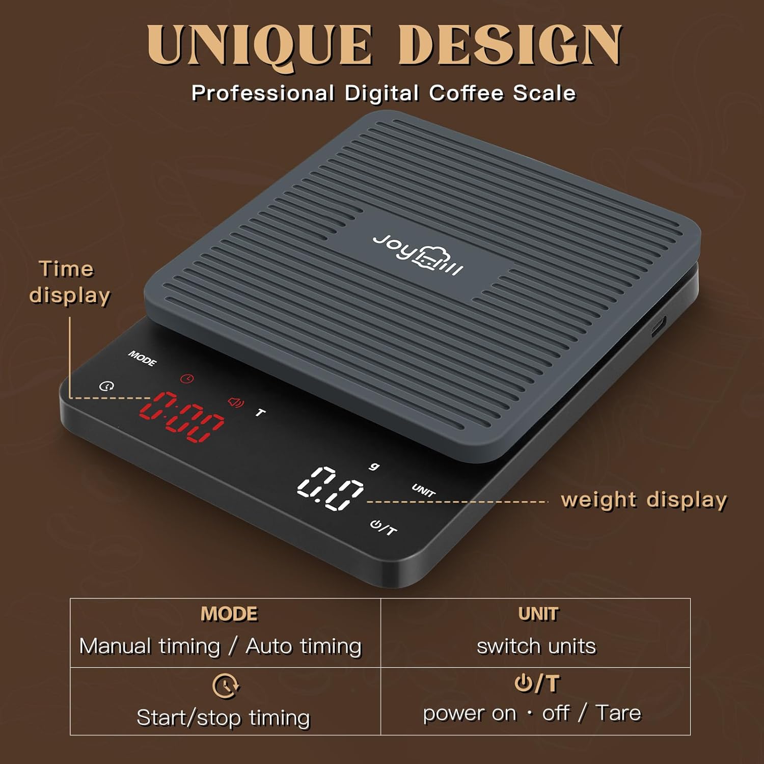 Joyhill Coffee Scale showing its time and weight displays, along with the Mode, Timer, Unit, and Power/Tare buttons.