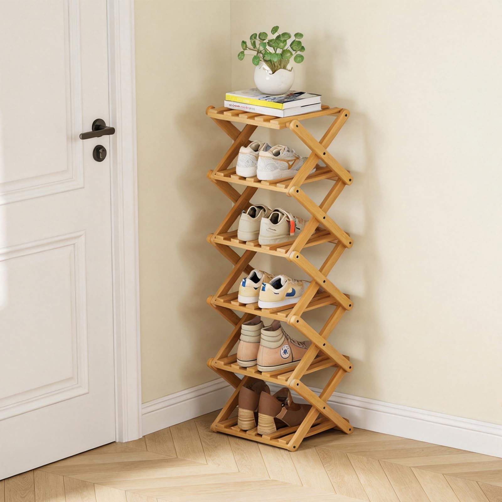 Akloya Vertical Narrow Shoe Rack, 6 Tier Portable Folding Shoe Storage Rack, Without Installation Free Standing Shoe Rack for Corridors, Bedrooms Living Room Corner and Small Spaces