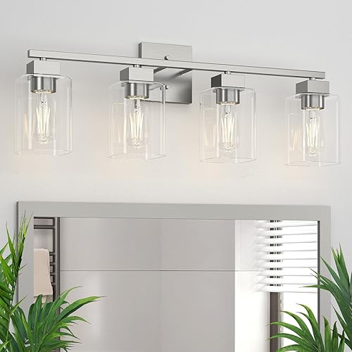 Espird Lámpara de tocador de baño de 4 luces, níquel mate, diseño cuadrado, certificación UL, luces cuadradas de baño de 26 pulgadas plateadas sobre