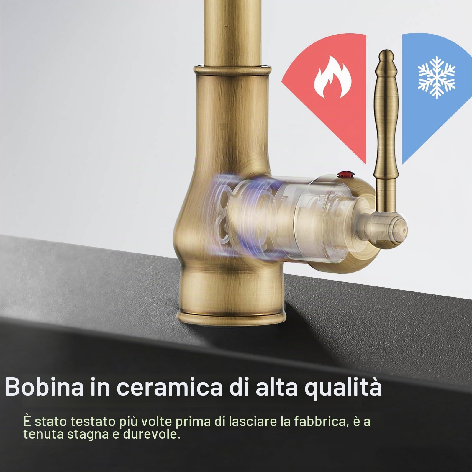 Rubinetto da Cucina in Ottone Antico Stile Retro, Miscelatore da Cucina con Doccetta Estraibile, Girevole a 360°, Monocomando con Funzione Spruzzo per Cucina