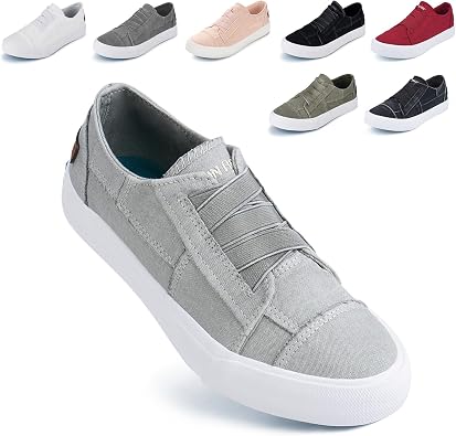 JENN ARDOR Womens Stylish Slip On Sneakers No Laces Elastic Low Top Canvas Sneakers Trendy Flats Comfortable Casual Walking Shoes