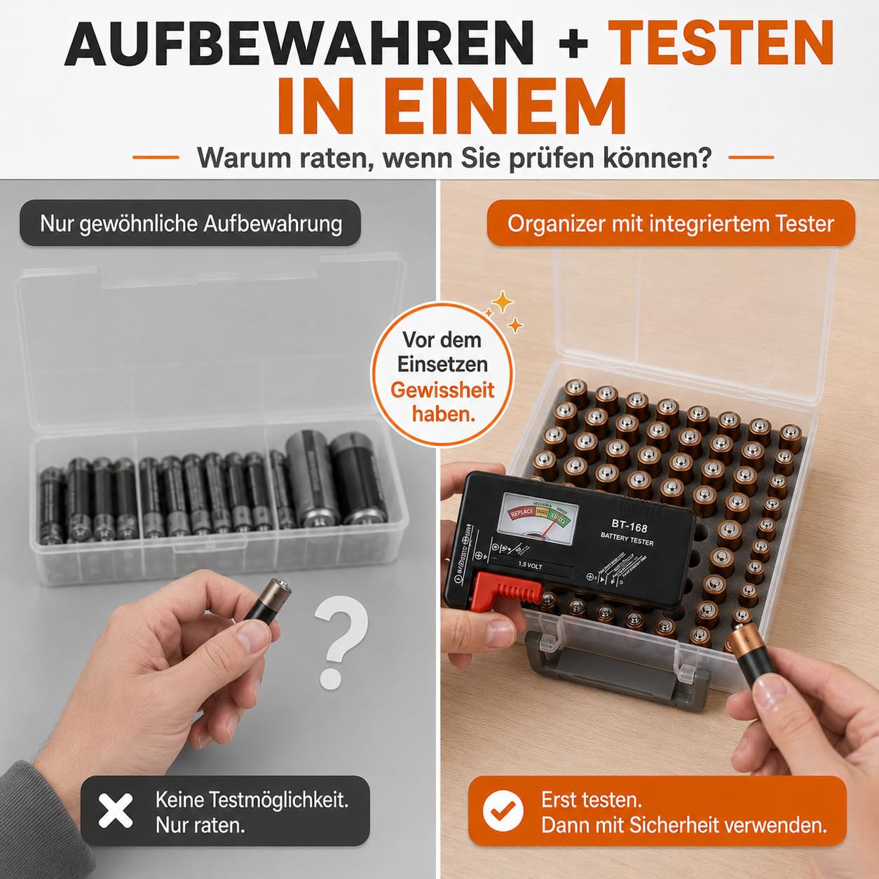 FULLCASE Battery Organizer, Batteriebox mit Tester, Batterie-Aufbewahrungsbox für 34 AA-/30 AAA-Batterien, kompakter Batteriehalter aus Kunststoff für Küchenschublade, Werkzeugkasten und Camping-Set