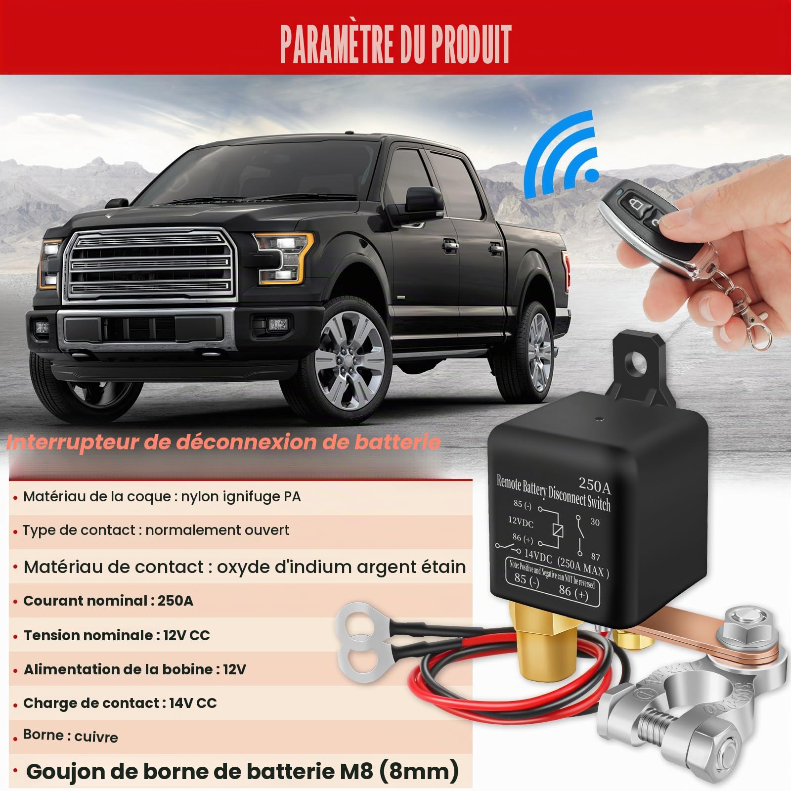 Coupe Batterie 12V Coupe Circuit Batterie 12V Interrupteur de Batterie Relais 250A Avec 2 Télécommandes pour Voiture Bateau Camion RV（250A）