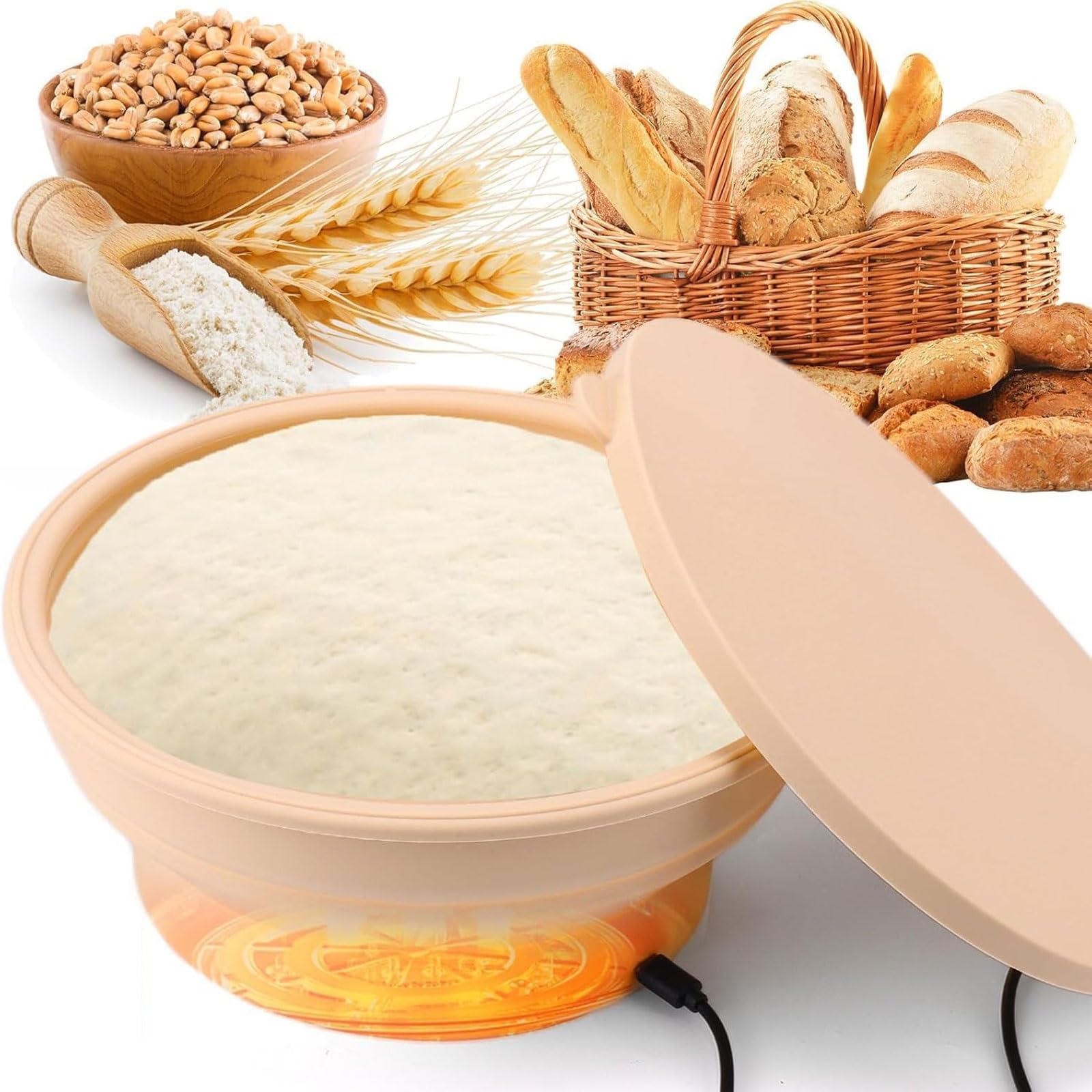 Banneton chauffant pliable en silicone de 9 pouces avec couvercle en graphène pour pain au levain