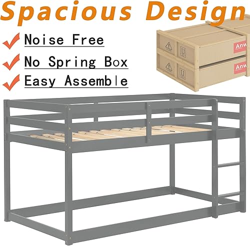 Miniatura 63 de Anwick Litera baja de tamaño individual sobre individual con escaleras y rieles, marco de literas de madera con barandilla de seguridad y listones