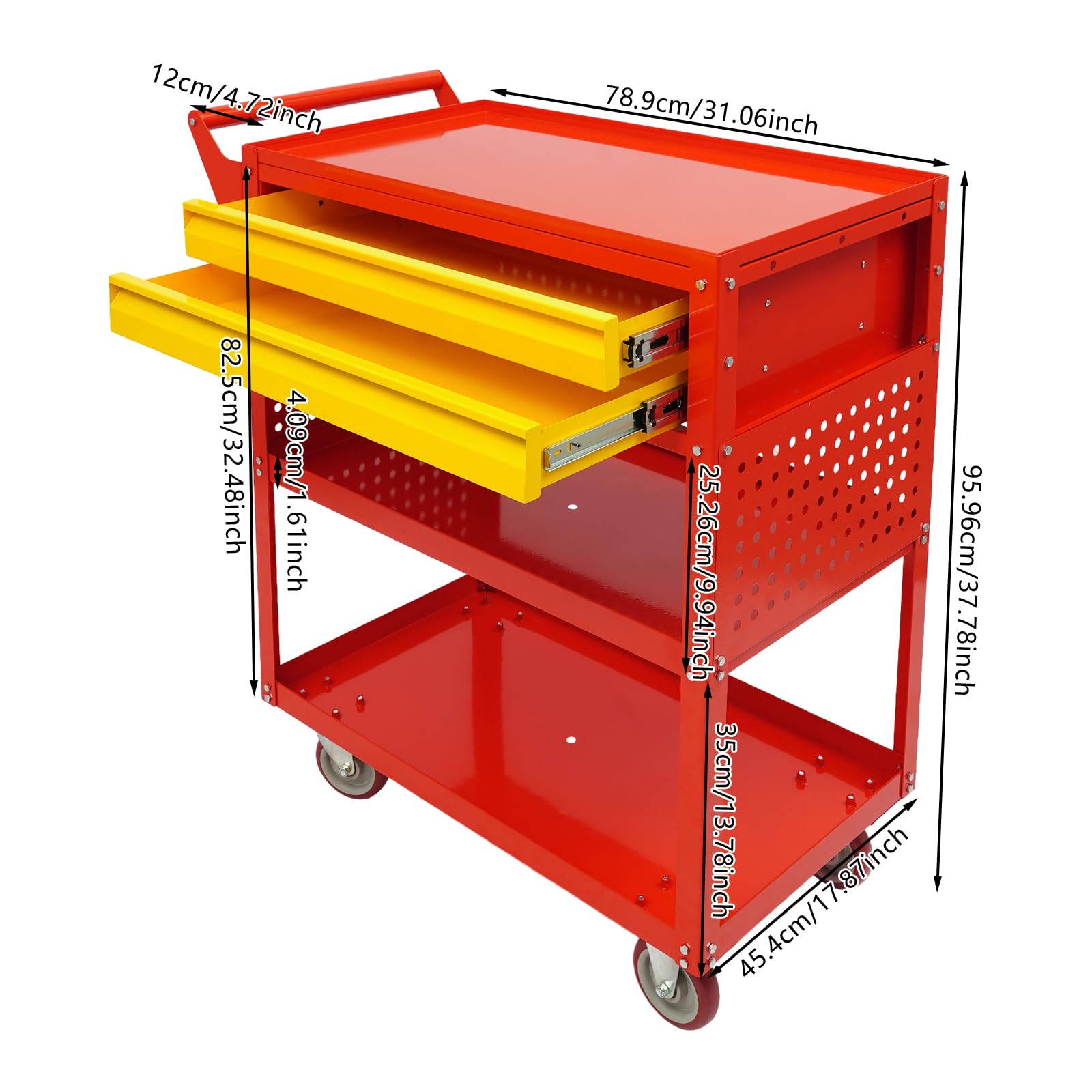 Wózek warsztatowy z przegródkami do warsztatu (czerwony) | Mobilny stół warsztatowy, wózek warsztatowy, wózek do transportu i przechowywania, nośność 181 kg, 79 x 45 x 96 cm