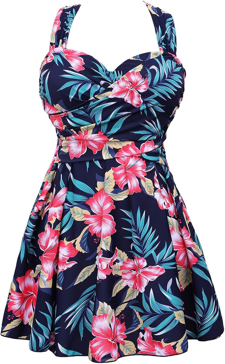 COCOPEAR Women's Elegant Crossover One Piece Swimdress Floral Skirted Swimsuit