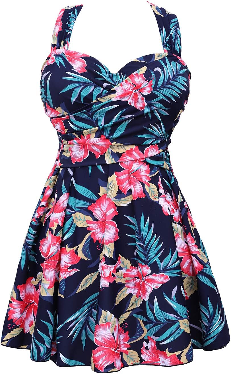 Women's Elegant Crossover One Piece Swimdress Floral Skirted Swimsuit