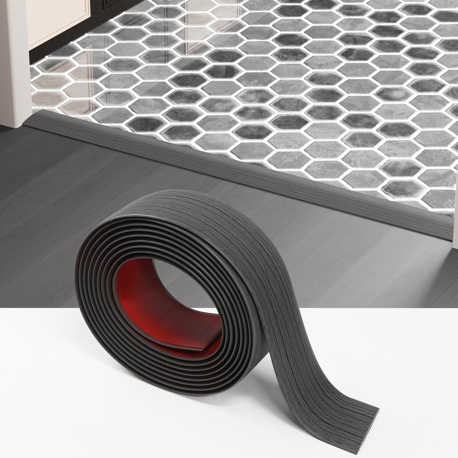 Greymond Floor Transition Strip - Self-Adhesive PVC Trim for Carpet to Flooring, Threshold Gap Cover (10ft x 1.97in, Dark Grey)