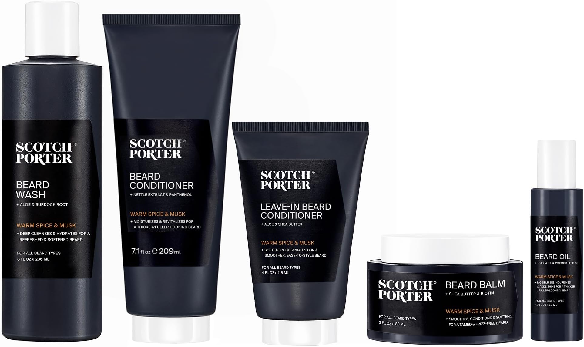 Scotch PorterSuperior Beard Collection – Cleanse, Moisturize, Soothe & Style while Encouraging Growth for a Fuller/Healthier-Looking Beard – Includes Wash, 2 Conditioners, Oil & Balm