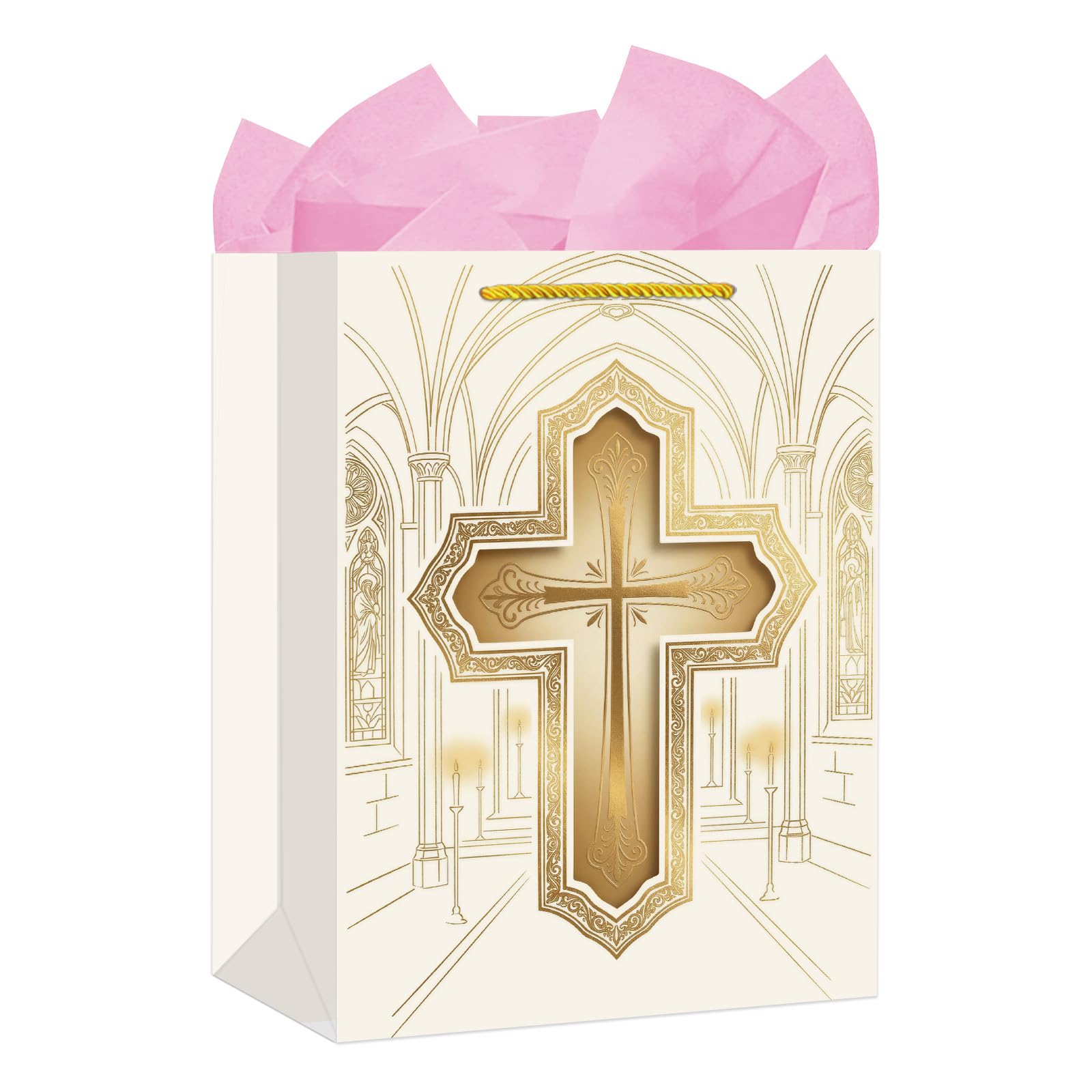 FaCraft Religious Gift Bag with Tissue Paper - Gold Cross First Communion Baptism Gift Bag for Boys Girl Baby Women Men - Catholic Christian Bags with Handle for Christenings Easter Wedding Clergy Day