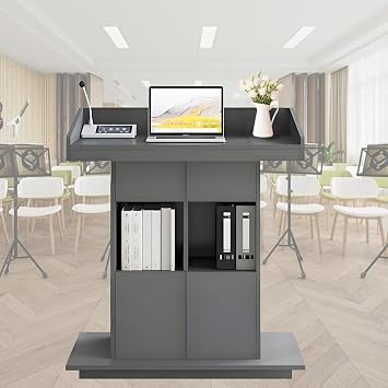 Wood Podium Stand Church Lecterns and Podiums Wooden Podium Pulpits for Churches Teacher Podium, 3-Tier Storage, Ideal for Churches Classrooms and Conference Rooms Gray, 31.5 * 20in