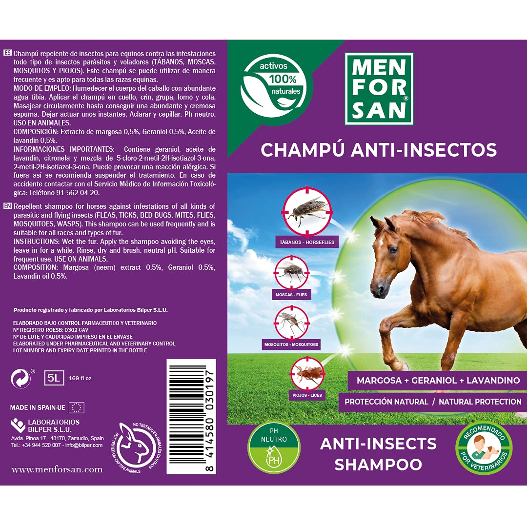 MENFORSAN Shampooing Anti-Puces pour Chevaux 5L, avec Margosa, Geraniol et Lavandin, Protège Contre Tous Les Insectes