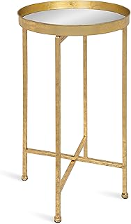 Kate and Laurel Celia Round Metal Foldable Accent Table with Mirror Tray Top, Gold