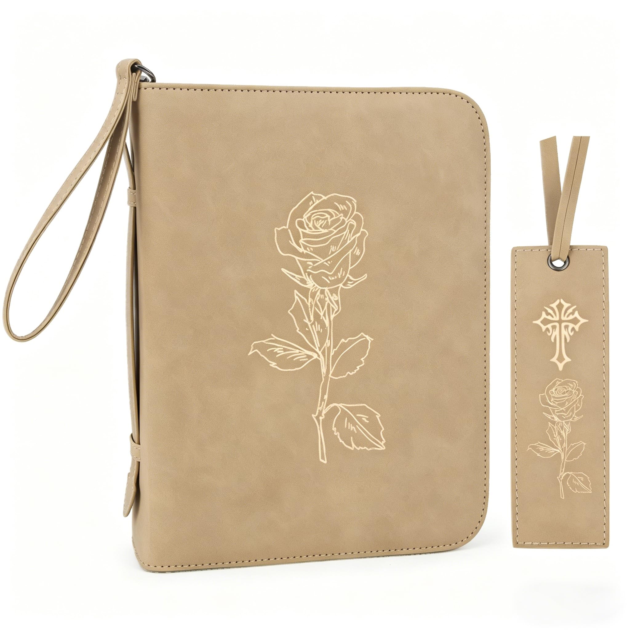 Leather Bible Cover for Woman & Men, Women’s Bible Case with Rose Bookmark Supplies-Girls Carrying Bag Tote with Strap, Personal Size Book Organizer
