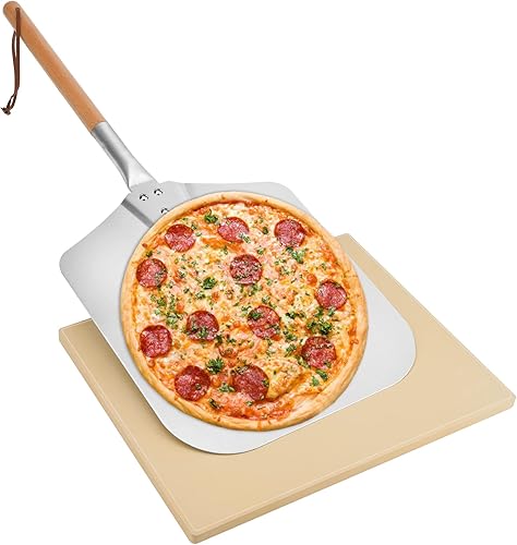 Mimiuo - Juego de herramientas de pizza para barbacoa y horno, incluye piedra para hornear pizza y cáscara de pizza de aluminio de 12.0 x 14.0in