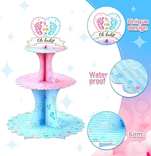 Miniatura 3 de Decoración de soporte para cupcakes para fiesta de revelación de género, azul y rosa de 3 niveles para baby shower, suministros de cartón para niños