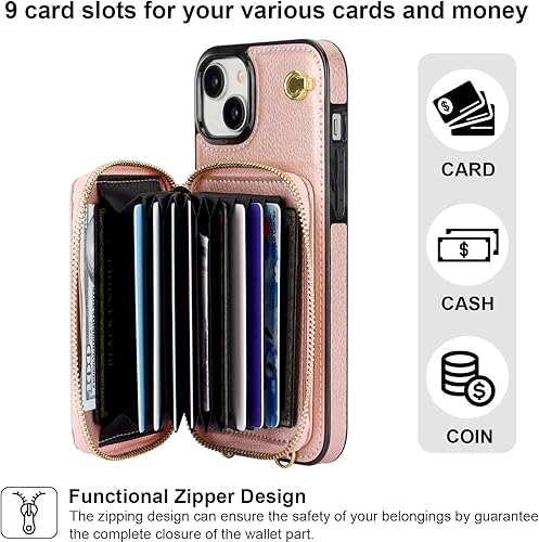 Miniatura 3 de Bocasal Funda tipo cartera cruzada para iPhone 15 Plus, funda de piel con bloqueo RFID y soporte para tarjetas, funda protectora con cremallera y