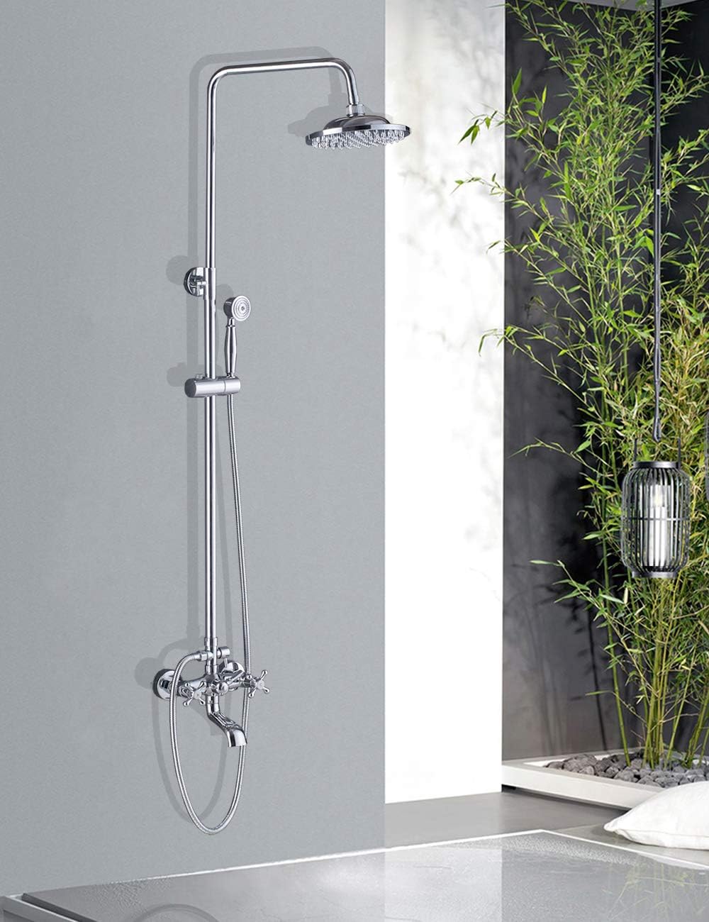 Crazy Clearance Rozin Chrome Shower Faucets Sets Complete Wall Mounted Bathroom 8-Inch Rainfall Shower Head Dual Cross Handle Swivel Tub Spout with Handheld Shower Wand