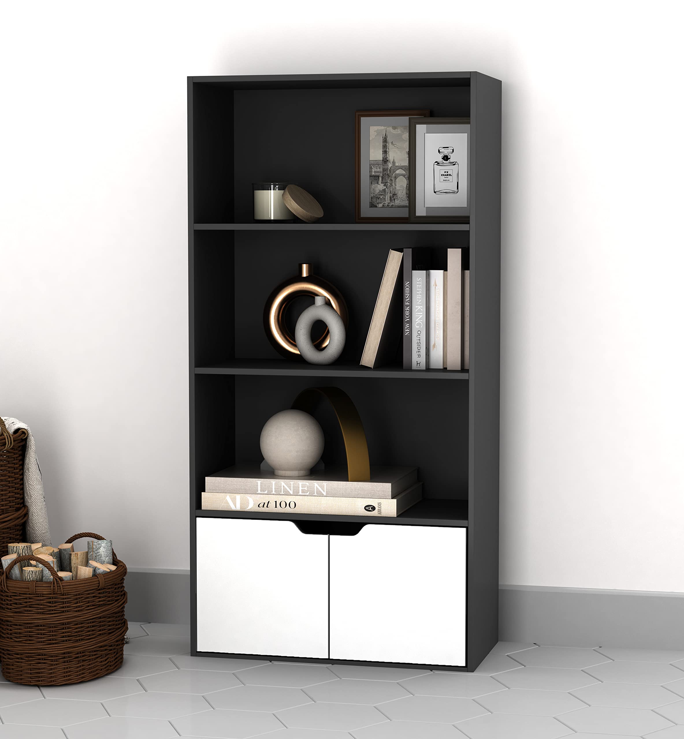 URBNLIVING 4 Tier Wide Wooden Bookcase Cupboard with 2 Doors Storage Shelving Display Shelf Cabinet Unit