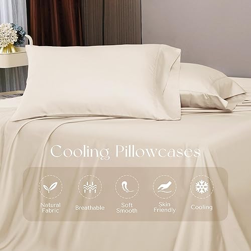 Miniatura 4 de Juego de sábanas refrescantes de tamaño California King, rayón derivado del bambú, bolsillo profundo de hasta 16 pulgadas, 4 piezas suaves y