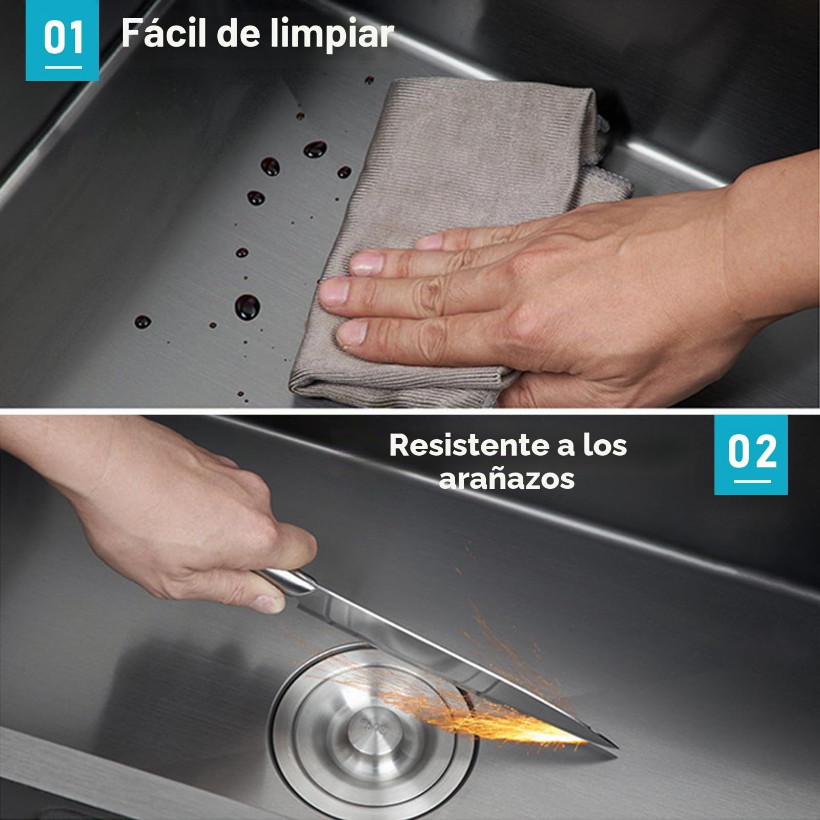Fregadero de Cocina de Acero Inoxidable 60 cm, Fregadero Empotrado de 3 Agujeros con 1 Cubeta, Set Completo con Grifo Extraíble, Lavavasos y Kit de Desagüe (Gris Oscuro, 60 x 45 cm)