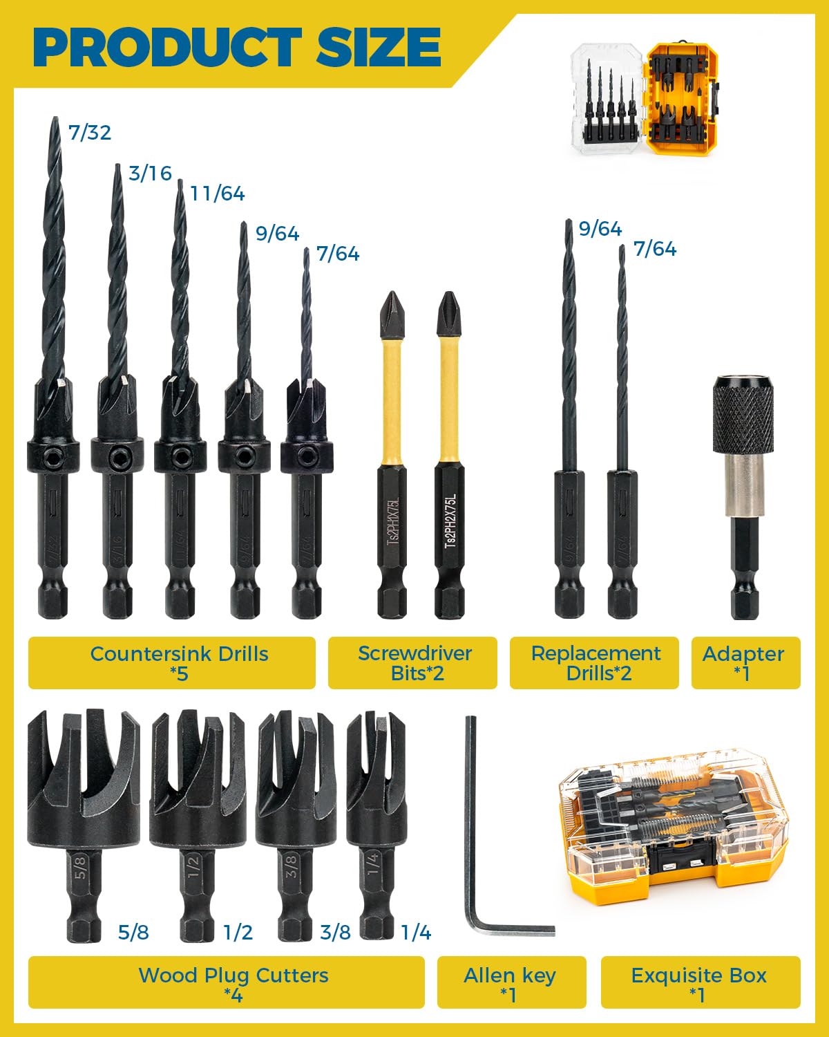 16PCS Countersink Drill Bit Set, Adjustable Depth Tapered Drill Bits with 4 Wood Plug Cutters & 1/4" Hex Shank, Counter Sink Drill Bit for Wood with Storage Box