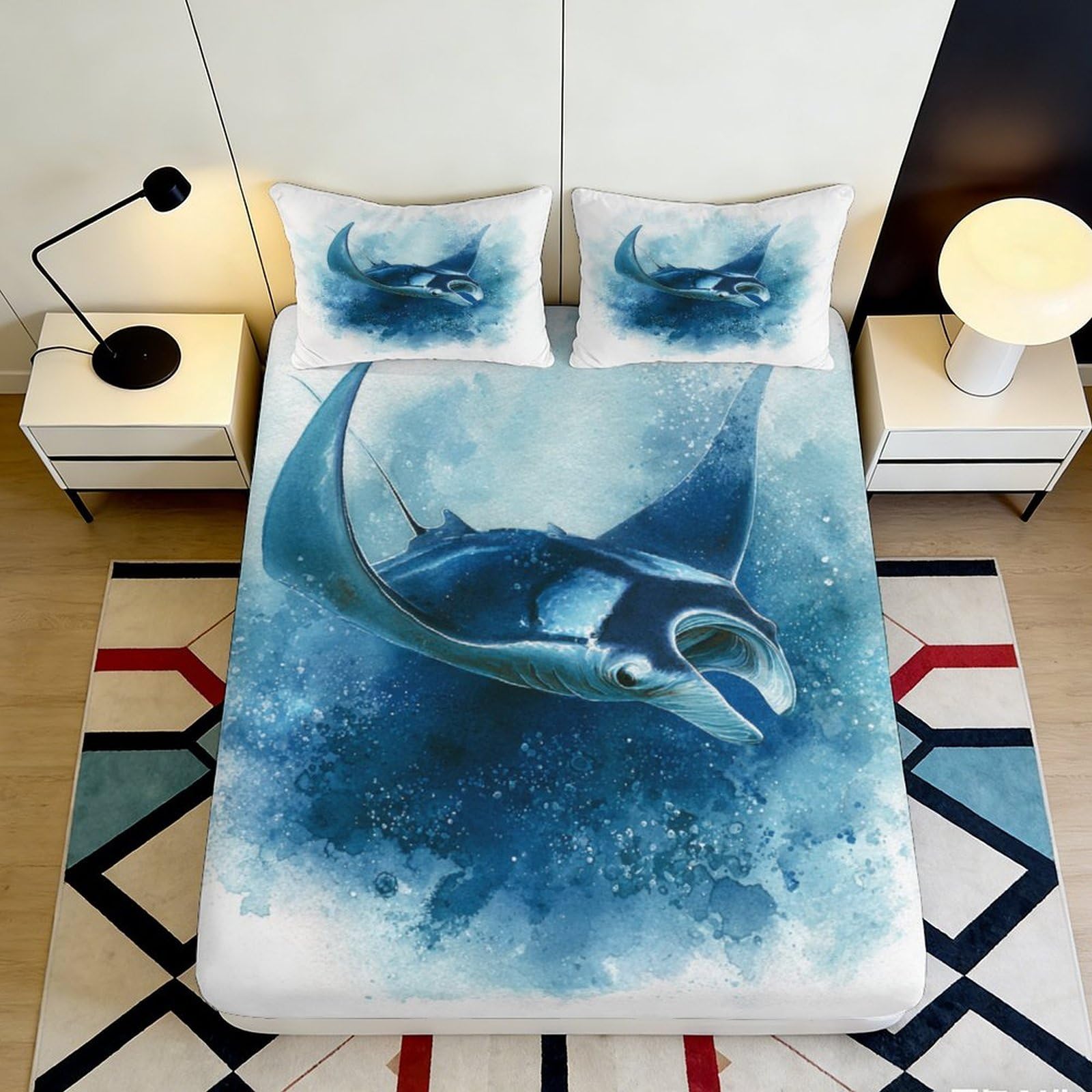 3D Printed Ocean Manta Ray Fitted Sheet Microfiber Soft Blue Sea Animal Mattress Cover Bedroom Decor Washable 160x200x25cm