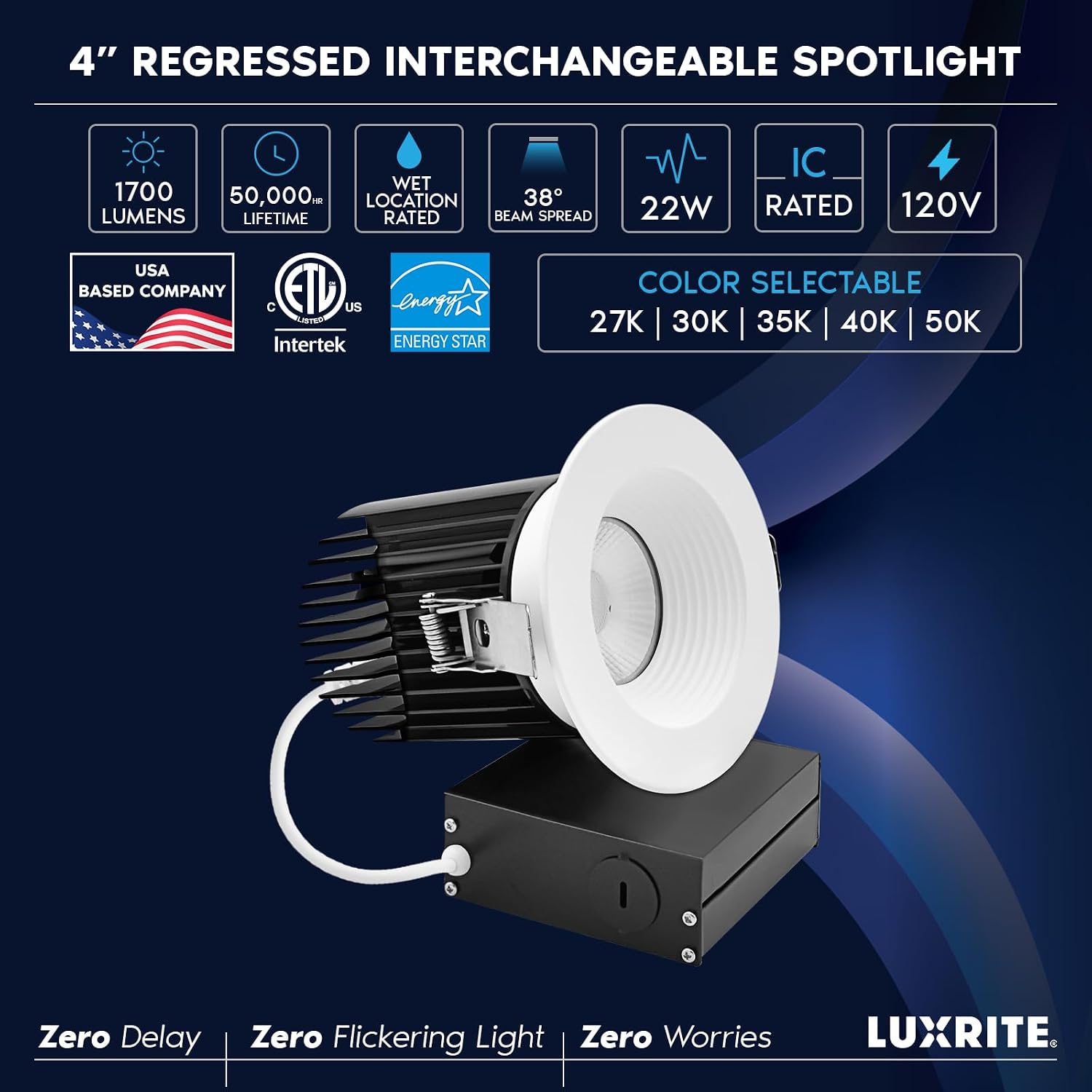 LUXRITE 4 Inch Recessed Light, Regressed Canless LED Spotlight, 5CCT 2700K-5000K, CRI90, 22W, 1700 Lumens High Output, 38º, Interchangeable Round White Baffled Trim, Dimmable, IC & Wet (4 Pack)