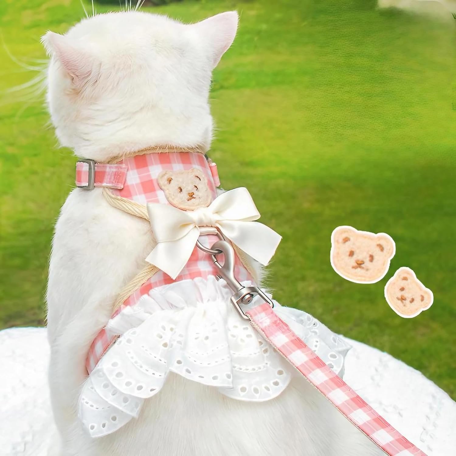 Cute Bear Harness Leash Set 2Pcs Cat Rabbit Dog Bow Plaid Premium Vest Princess Dress Collar Adjustable Breathable Soft Mesh (Pink1 + Blue, Small)
