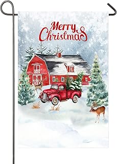 Merry Christmas Garden Flag Red Truck Barn Farm 12 x 18 Inch Double Sided Winter Snow Vintage Pickup Christmas Tree Deer Elk House Yard Flag Rustic Farmhouse Outside Decor New Year Xmas Holiday Yard Outdoor Decoration