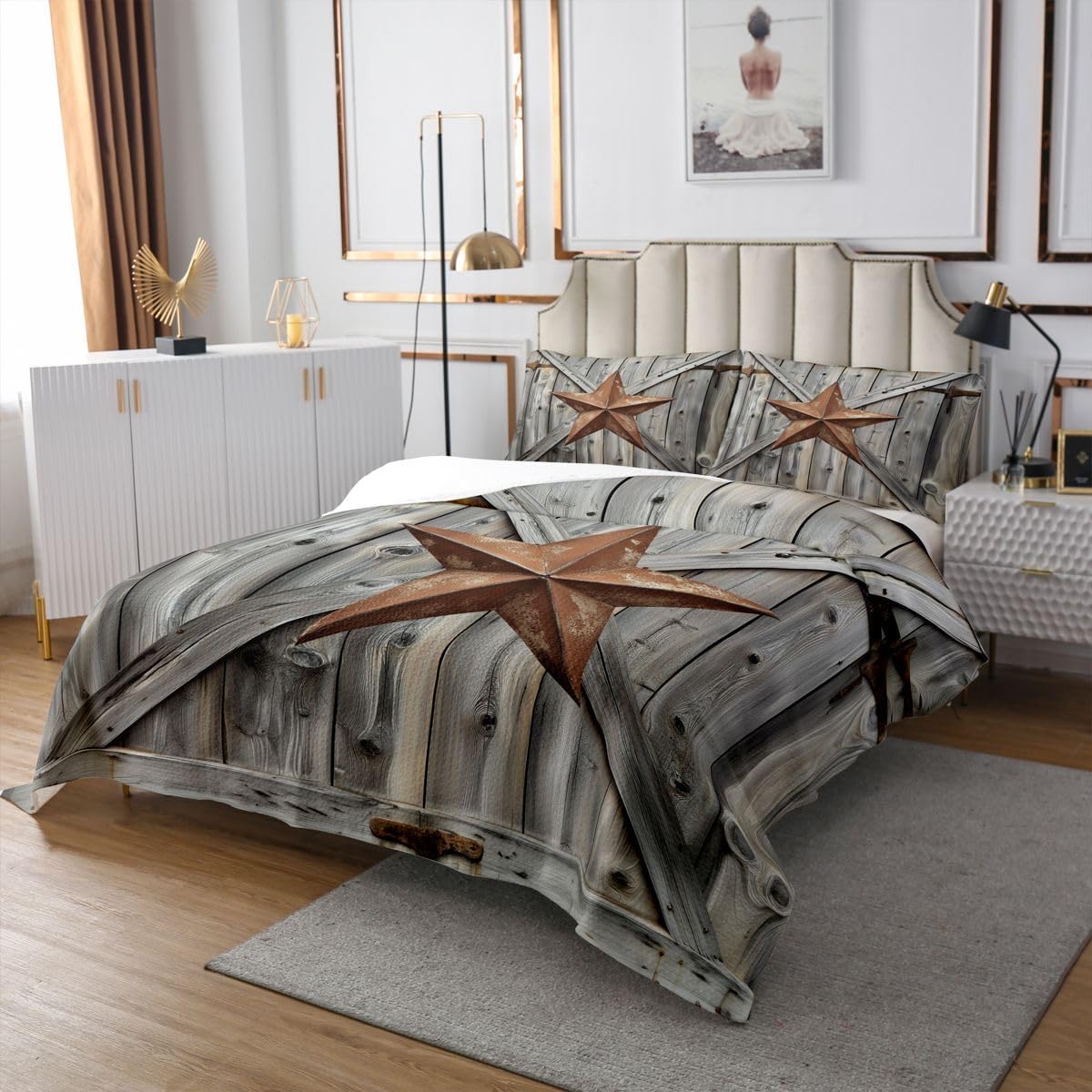 Feelyou Texas Star Bedspread King Size Wood Barn Door Quilted Coverlet for Kids Teens Adults Vintage Farmhouse Coverlet Set Quilted Room Decorations 3Pcs,1 Bedspread+ 2 Pillow Shams