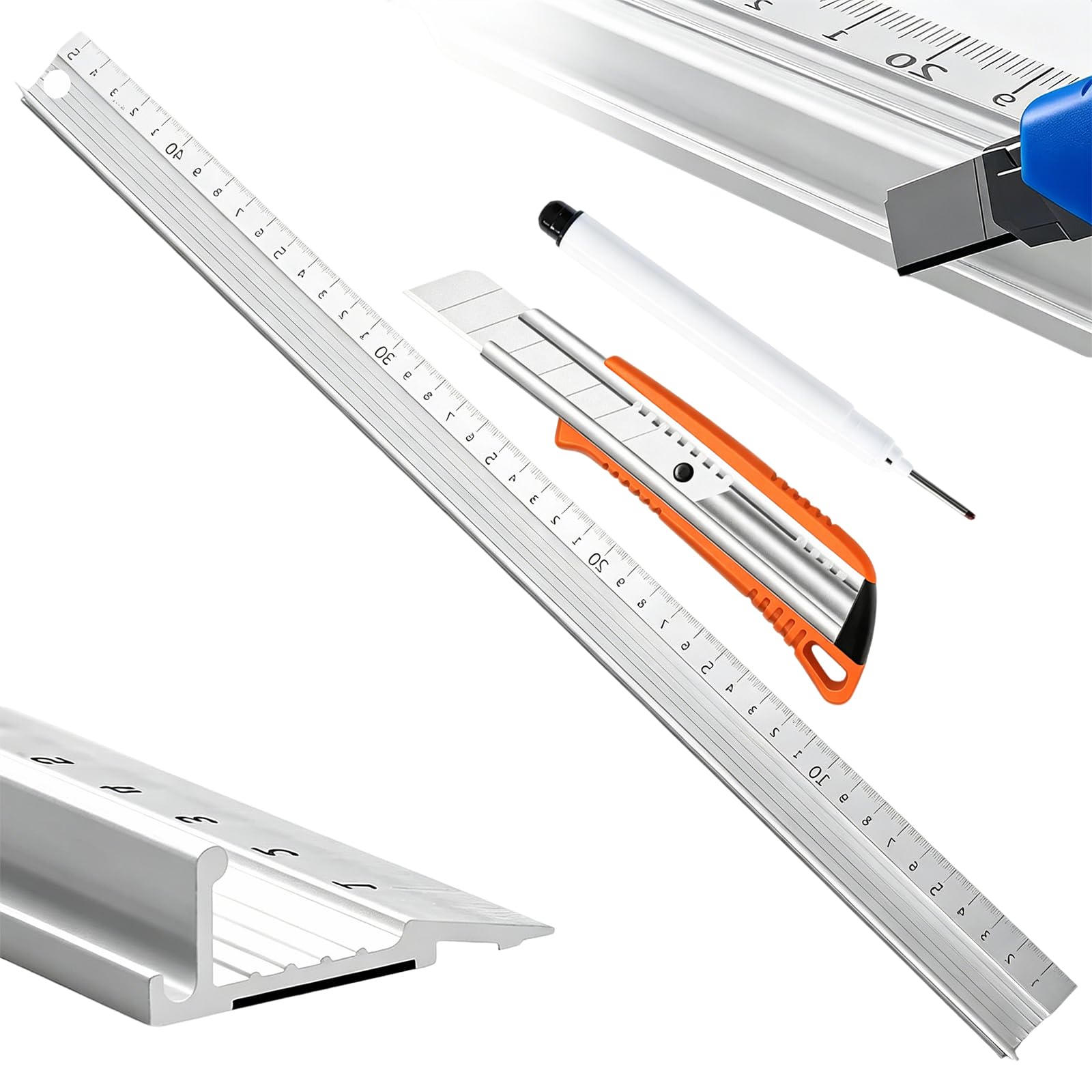 Linisiting Silver Aluminium Cutting Ruler, Raised Grip And Non-Slip Safety Edge Design, Precision Metal Cutting Ruler, Multifunctional Safety Rulers For Craft Diy Office Precision Measurement (45Cm)