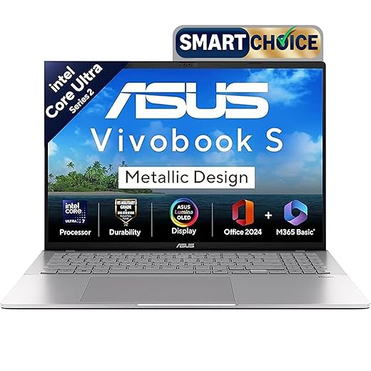 ASUS Vivobook S16,Intel Core Ultra 7 255H,AI PC(Intel Arc iGPU/16GB RAM/512GB SSD/FHD/16/60Hz/Backlit Keyboard/70Whr/Windows 11/M365 Basic(1Year)*/Office Home 2024/Cool Silver/1.7 Kg) S3607CA-SH077WS